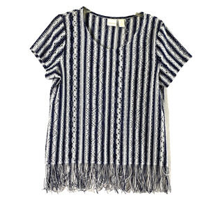 Chicos Mesh Top Womens Small Navy Blue White Stripe Fringe Eyelet Swim Coverup‎